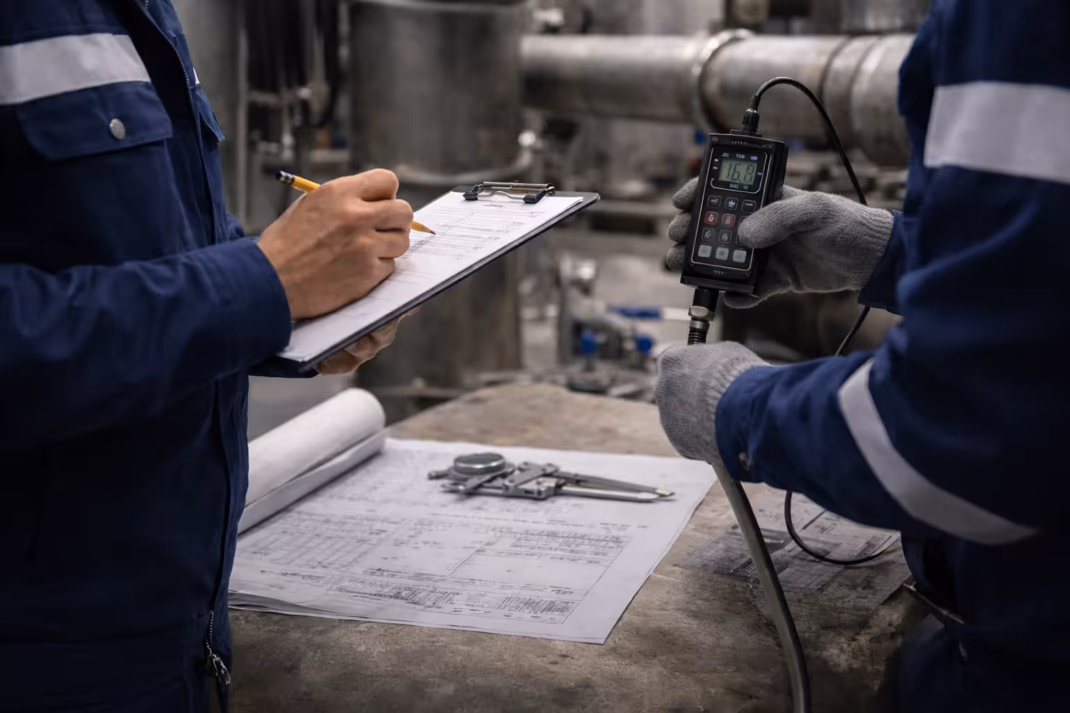 Engineer worker wearing a hard hat and holding a clipboard